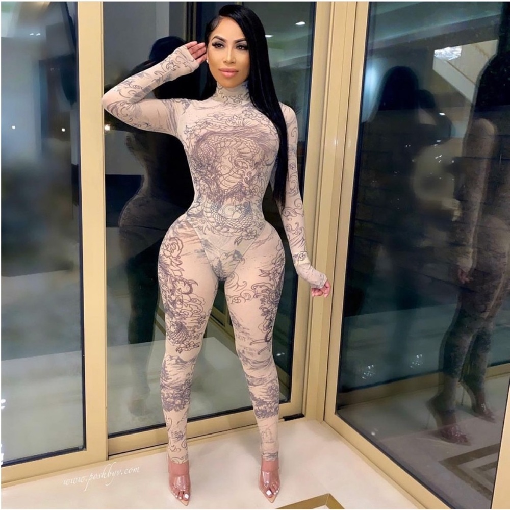 PoshByV Tatted Bodysuit and Legging Pant Set Mesh Sheer Posh By V
